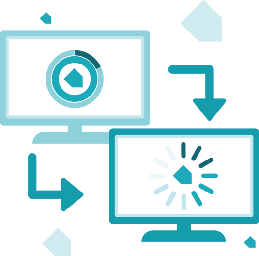 Icon showing data transfer between two computer screens, representing account migration. 