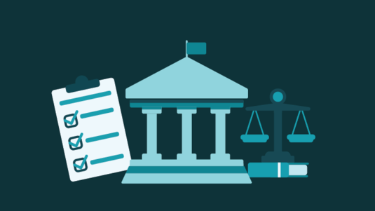 Icons representing legal compliance and regulatory governance, including a checklist, courthouse, and scales.