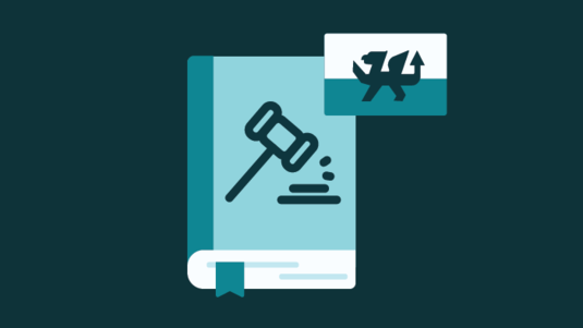 Graphic illustration of a legal law book with a judge's gavel icon on the cover, accompanied by the flag of Wales.
