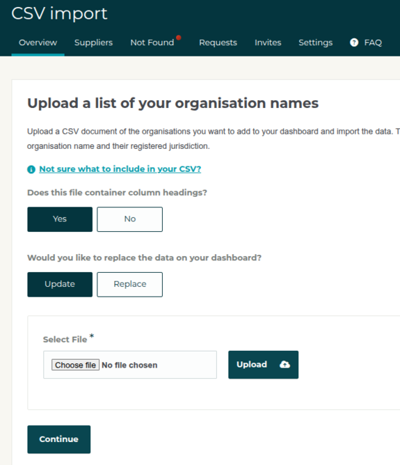 tiscreport csv file upload screen